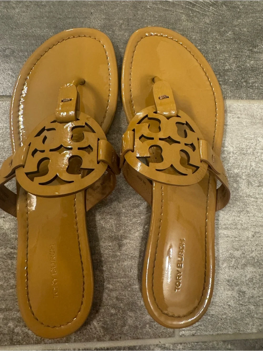 Tory Burch Miller Patent Leather Thong Sandal in Tan, 8M
